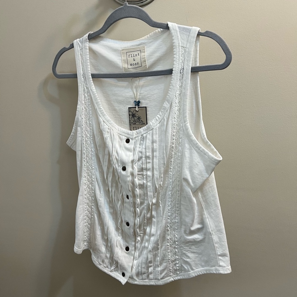 Flint & Moss White Button-Front Lace Sleeveless Lace Trim Tank Top Size M NWT